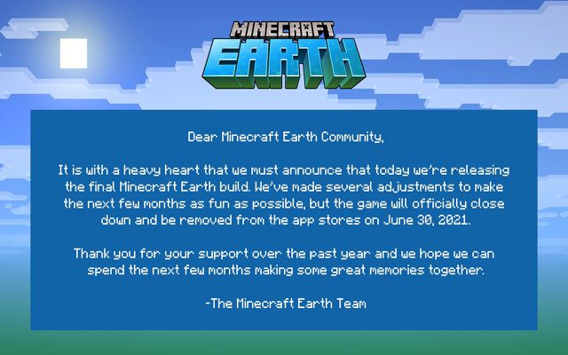 「Minecraft Earth」が6月30日にサービス終了する事を発表