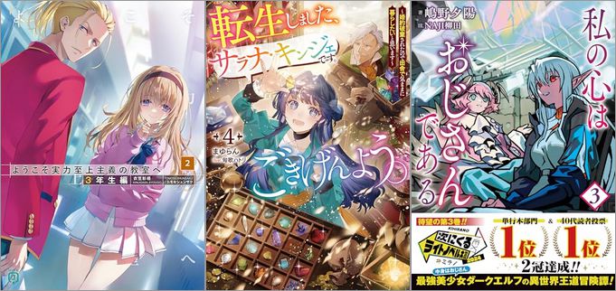 2025年8月1日のKindle発売ライトノベル・小説「ようこそ実力至上主義の教室へ 3年生編2 32巻」「転生しました、サラナ・キンジェです。ごきげんよう。 4 ～婚約破棄されたので田舎で気ままに暮らしたいと思います～」「私の心はおじさんである 3巻」など